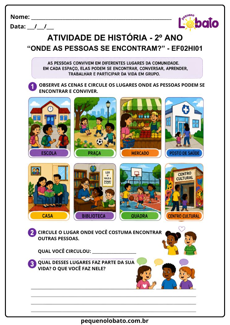 Atividade de História 2º Ano sobre Lugares de Encontro e Convivência (EF02HI01)