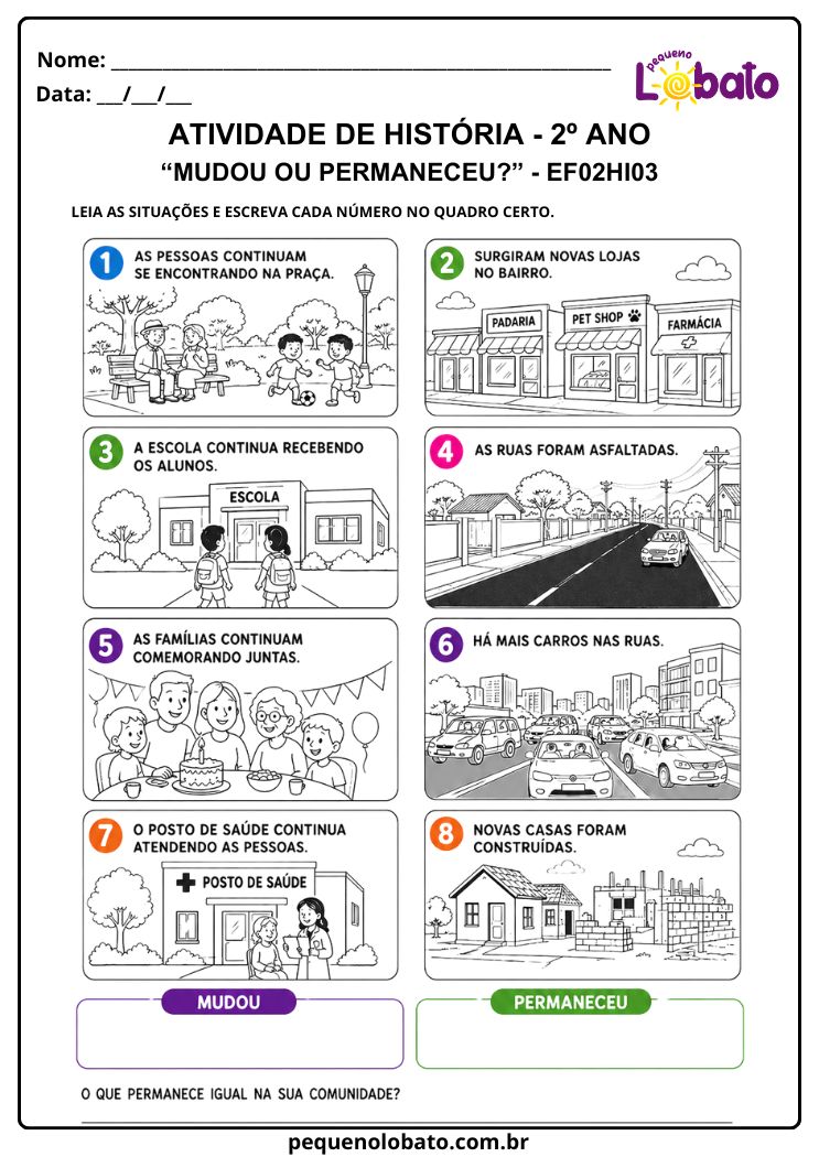 Atividade de História 2º Ano sobre Mudanças e Permanências na Comunidade (EF02HI03)