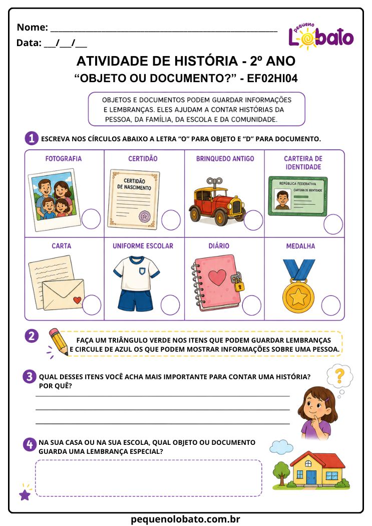 Atividade de História 2º Ano sobre Objetos, Documentos, Informações e Lembranças (EF02HI04)
