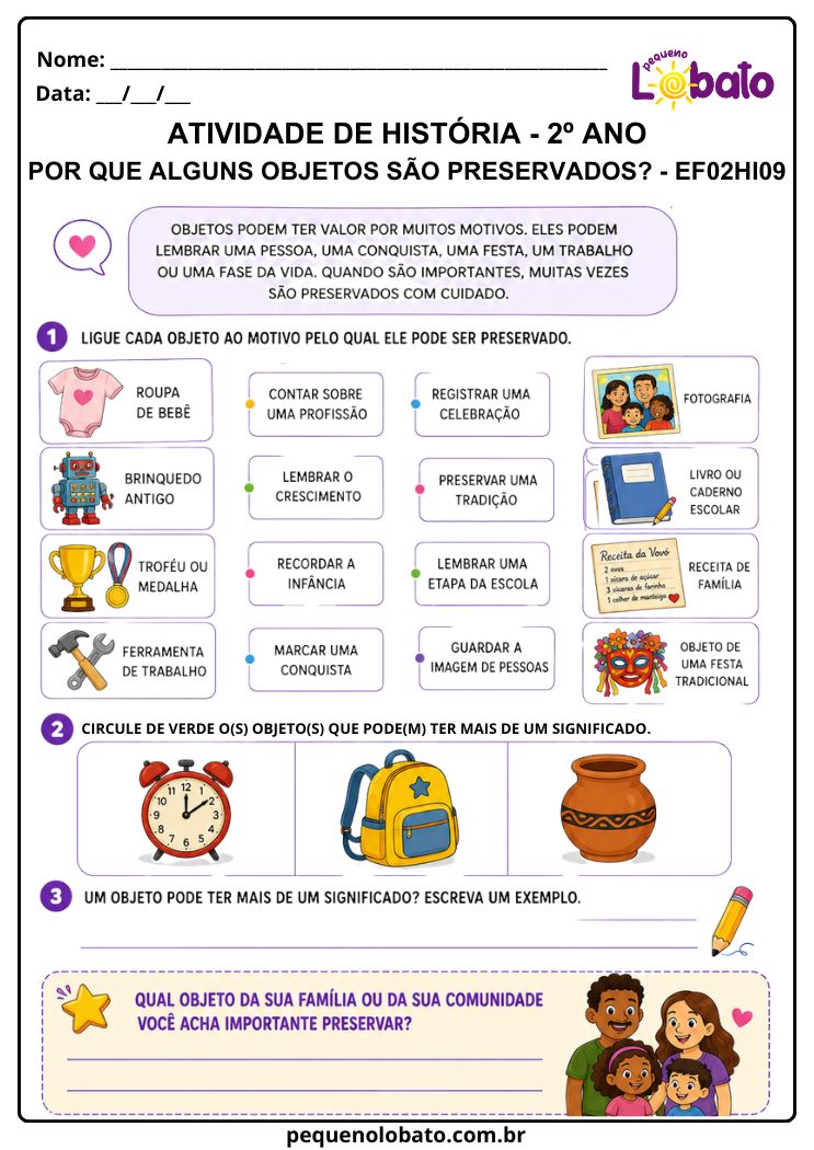 Atividade de História 2º Ano sobre Objetos Preservados, Memória e História Familiar (EF02HI09)