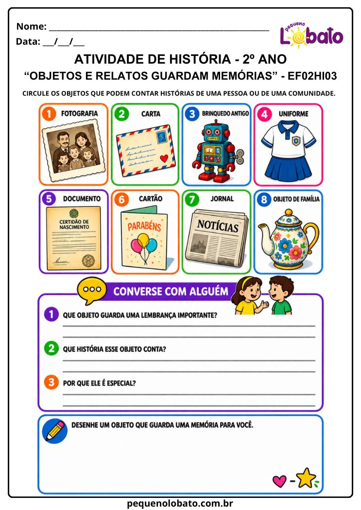 Atividade de História 2º Ano sobre Objetos, Relatos e Memórias da Família e da Comunidade (EF02HI03)