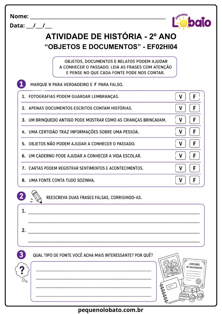 Atividade de História 2º Ano sobre Objetos e Documentos (EF02HI04)