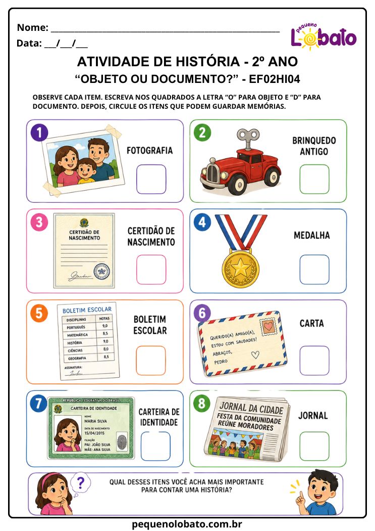 Atividade de História 2º Ano sobre Objetos e Documentos como Fontes de Memória (EF02HI04)