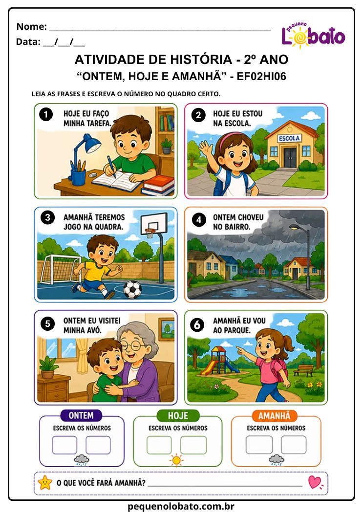 Atividade de História 2º Ano sobre Ontem, Hoje e Amanhã (EF02HI06)