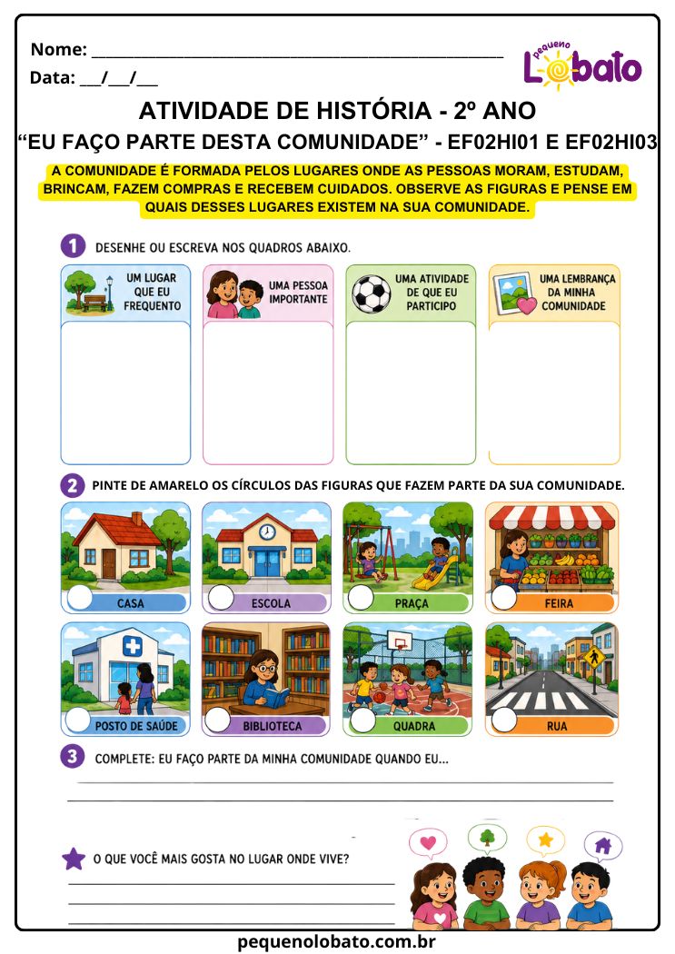 Atividade de História 2º Ano sobre Pertencimento e Participação na Comunidade (EF02HI01 e EF02HI03)