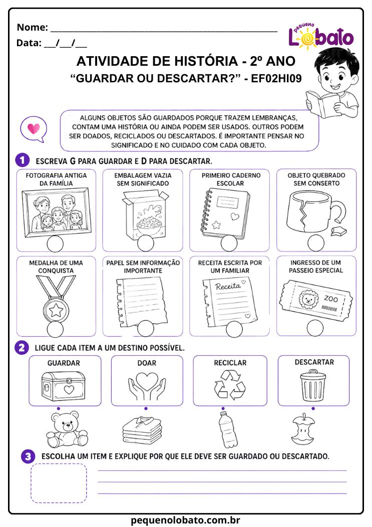 Atividade de História 2º Ano sobre Preservar, Doar, Reciclar ou Descartar (EF02HI09)
