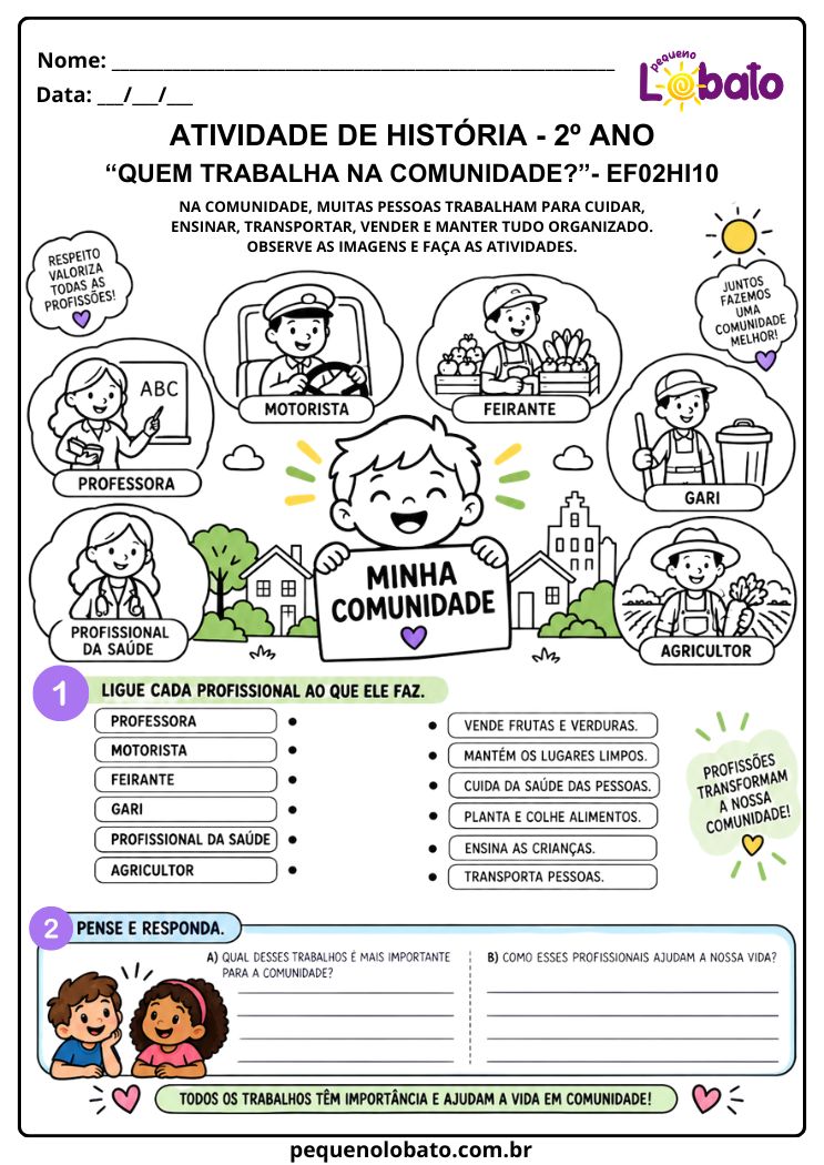 Atividade de História 2º Ano sobre Profissões e Trabalhadores da Comunidade (EF02HI10)