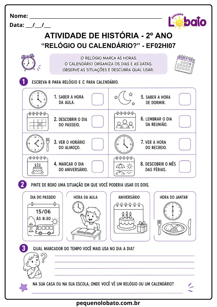 Atividade de História 2º Ano sobre Relógio e Calendário (EF02HI07)