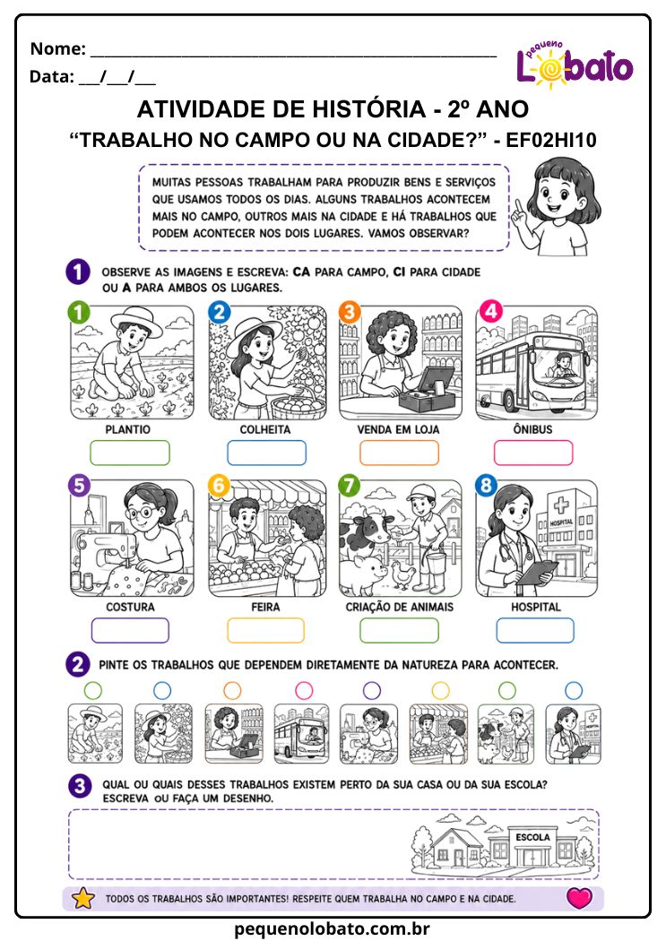 Atividade de História 2º Ano sobre Trabalho no Campo e na Cidade (EF02HI10)