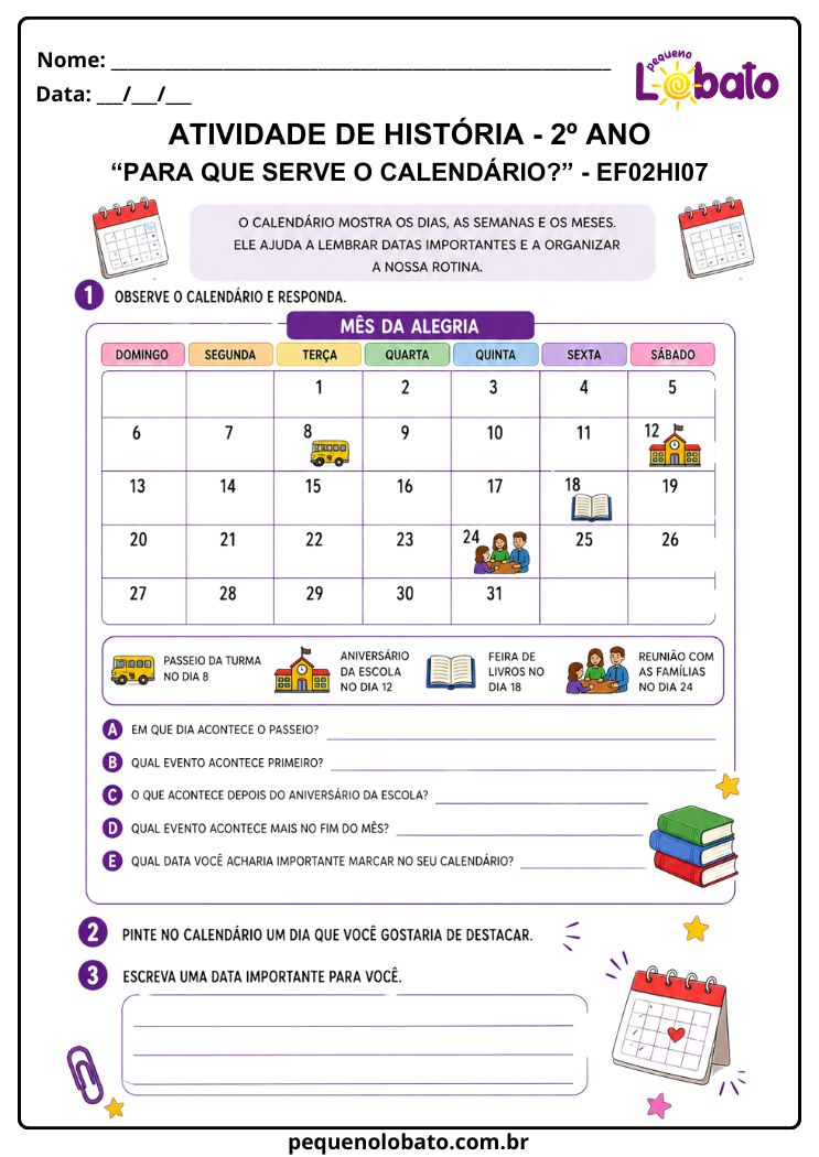 Atividade de História 2º Ano sobre a Função do Calendário (EF02HI07)