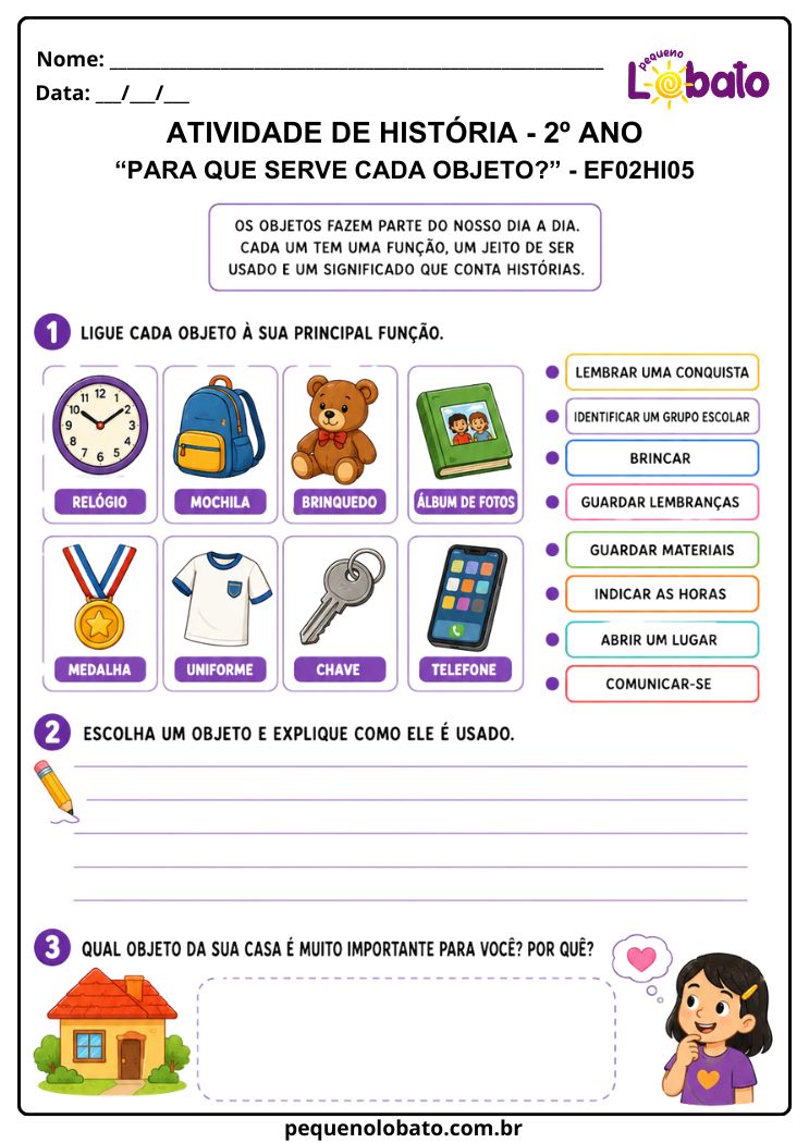 Atividade de História 2º Ano sobre a Função dos Objetos (EF02HI05)