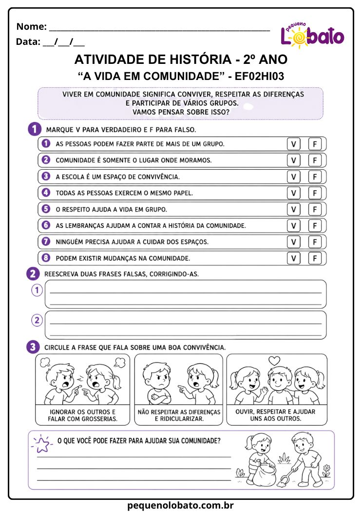Atividade de História 2º Ano sobre a Vida em Comunidade (EF02HI01, EF02HI02 e EF02HI03)