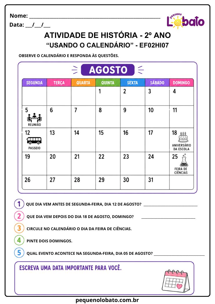 Atividade de História 2º Ano sobre o Uso do Calendário (EF02HI0