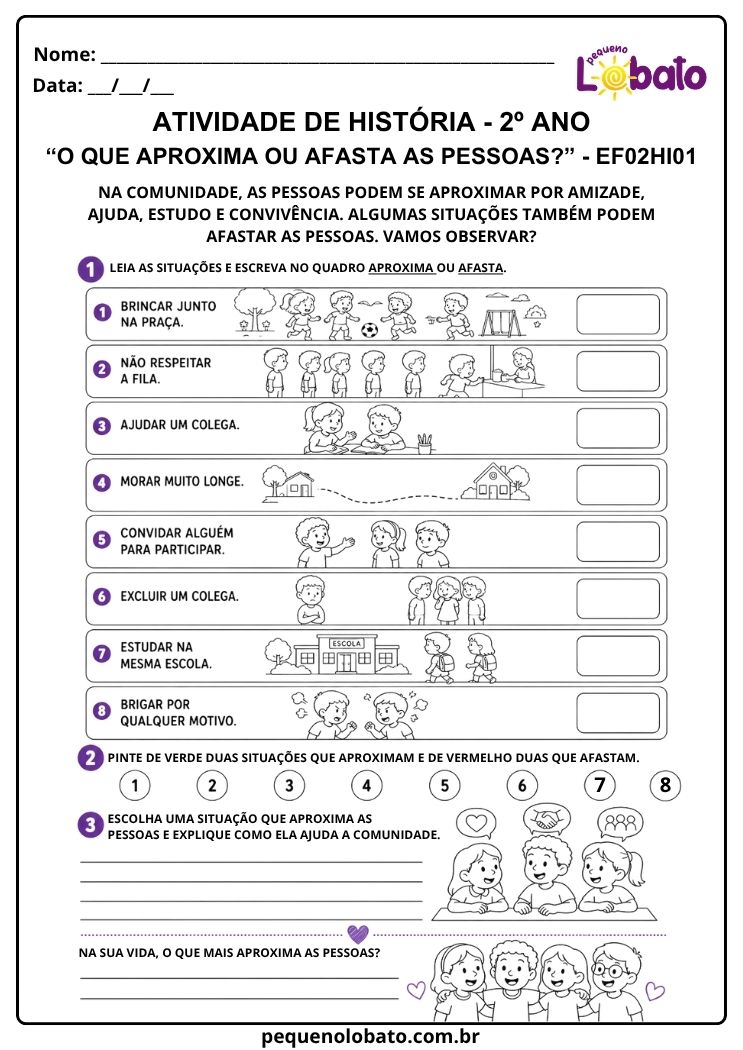 Atividade de História 2º Ano sobre o que Aproxima e Afasta as Pessoas (EF02HI01)