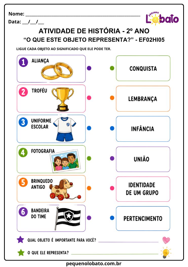 Atividade de História 2º Ano sobre o que os Objetos Representam (EF02HI05)