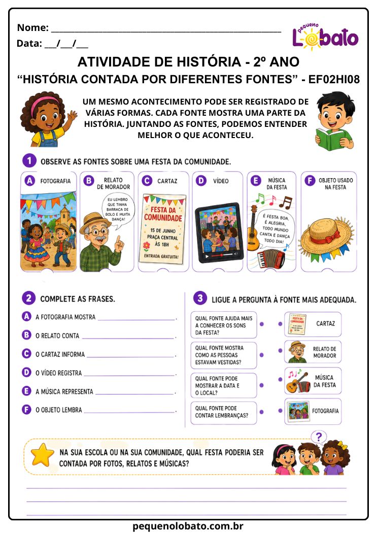 Atividade de História 2º Ano sobre uma História Contada por Diferentes Fontes (EF02HI08)