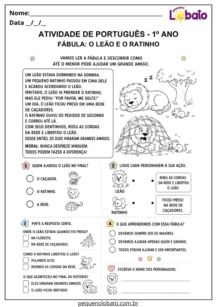 Atividade de Língua Portuguesa 1º ano com a fábula O Leão e o Ratinho para ligar personagens às ações, interpretar a história e identificar sua moral