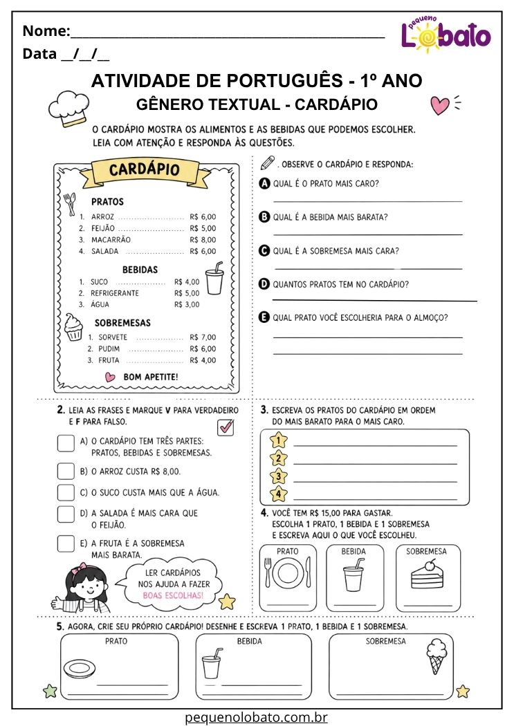 Atividade de Língua Portuguesa 1º ano com cardápio de restaurante para interpretar pratos, bebidas e sobremesas e organizar preços
