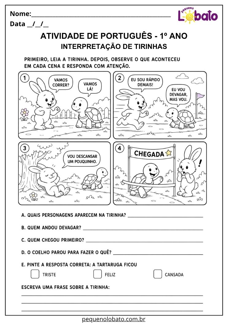 Atividade de Língua Portuguesa 1º ano com interpretação de tirinha do coelho e da tartaruga para compreender sequência, personagens e final da história