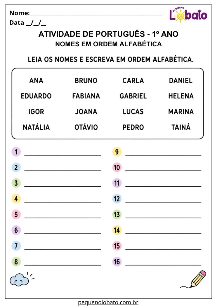 Atividade de Língua Portuguesa 1º ano com nomes de pessoas para organizar palavras em ordem alfabética