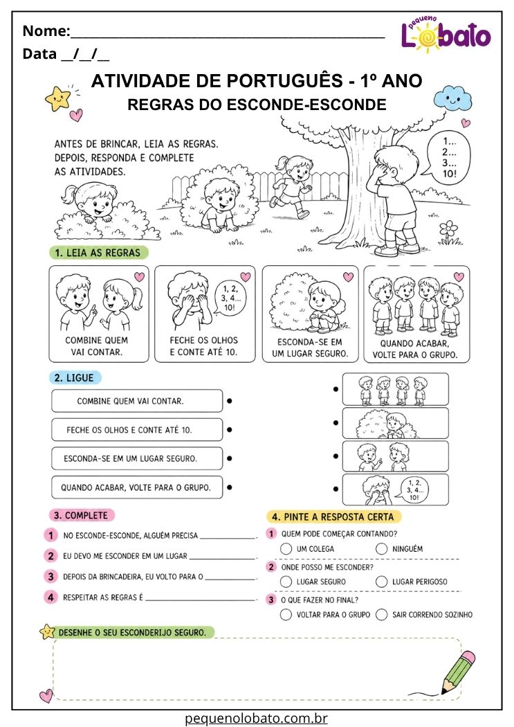 Atividade de Língua Portuguesa 1º ano com regras do esconde-esconde para ligar instruções às imagens, completar informações e desenhar esconderijo seguro