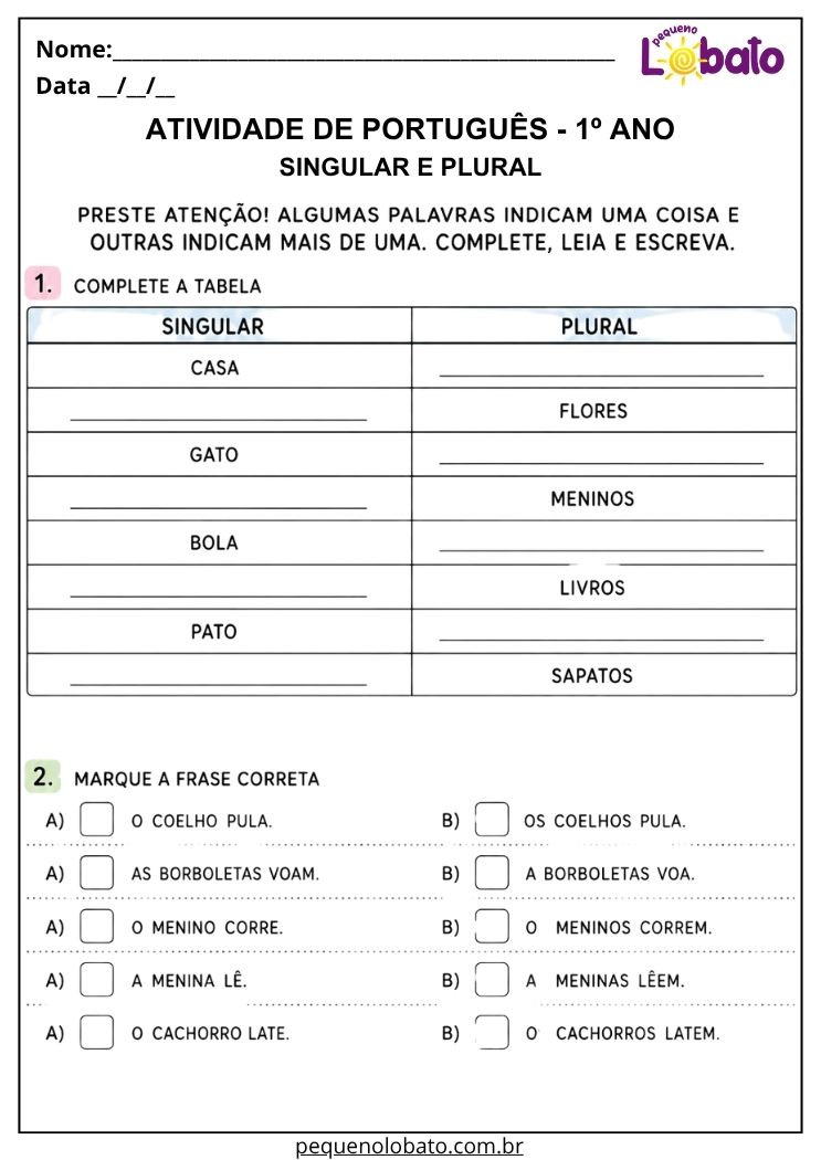 Atividade de Língua Portuguesa 1º ano com tabela de singular e plural para completar palavras e identificar frases corretas