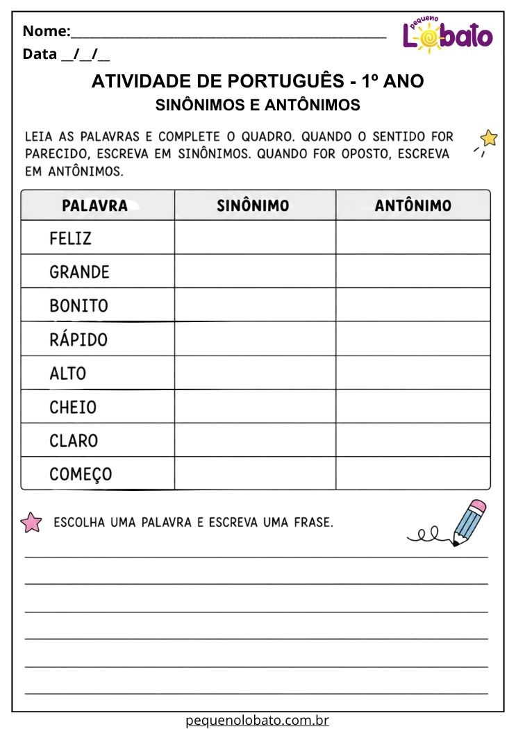 Atividade de Língua Portuguesa 1º ano com tabela de sinônimos e antônimos para completar palavras e produzir uma frase
