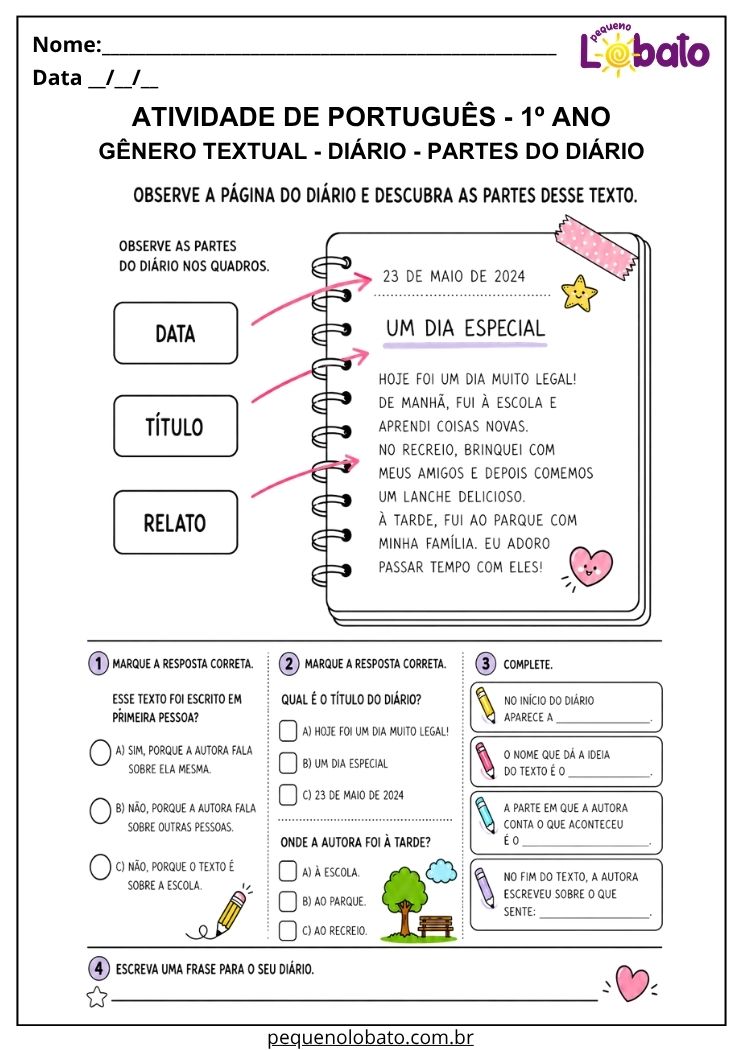Atividade de Língua Portuguesa 1º ano sobre as partes do diário para reconhecer data, título e relato pessoal