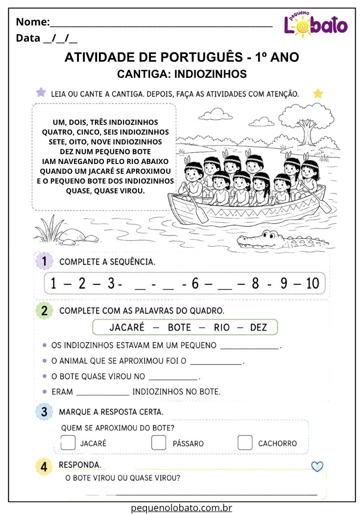 Atividade de Português 1º ano com a cantiga Indiozinhos para completar sequência numérica, interpretar versos e preencher palavras