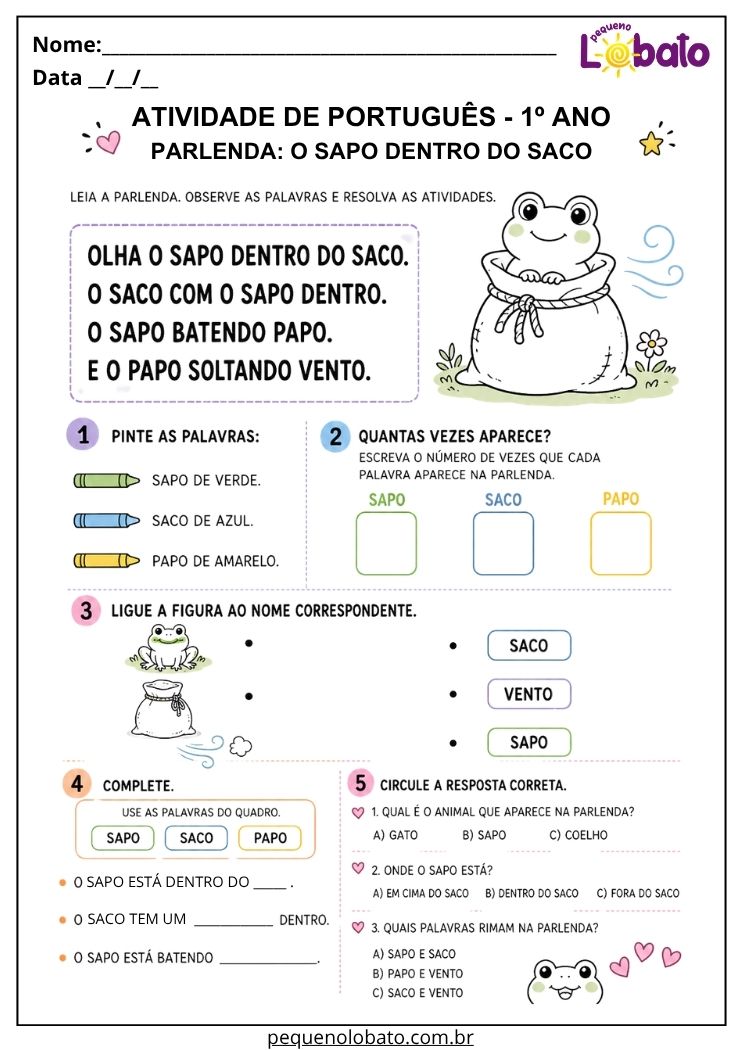 Atividade de Português 1º ano com a parlenda O Sapo Dentro do Saco para pintar palavras, contar repetições, ligar figuras e reconhecer rimas