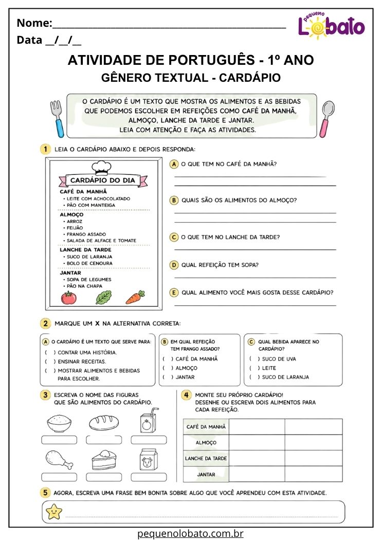 Atividade de Português 1º ano com cardápio do dia para ler refeições, responder perguntas e montar um próprio cardápio