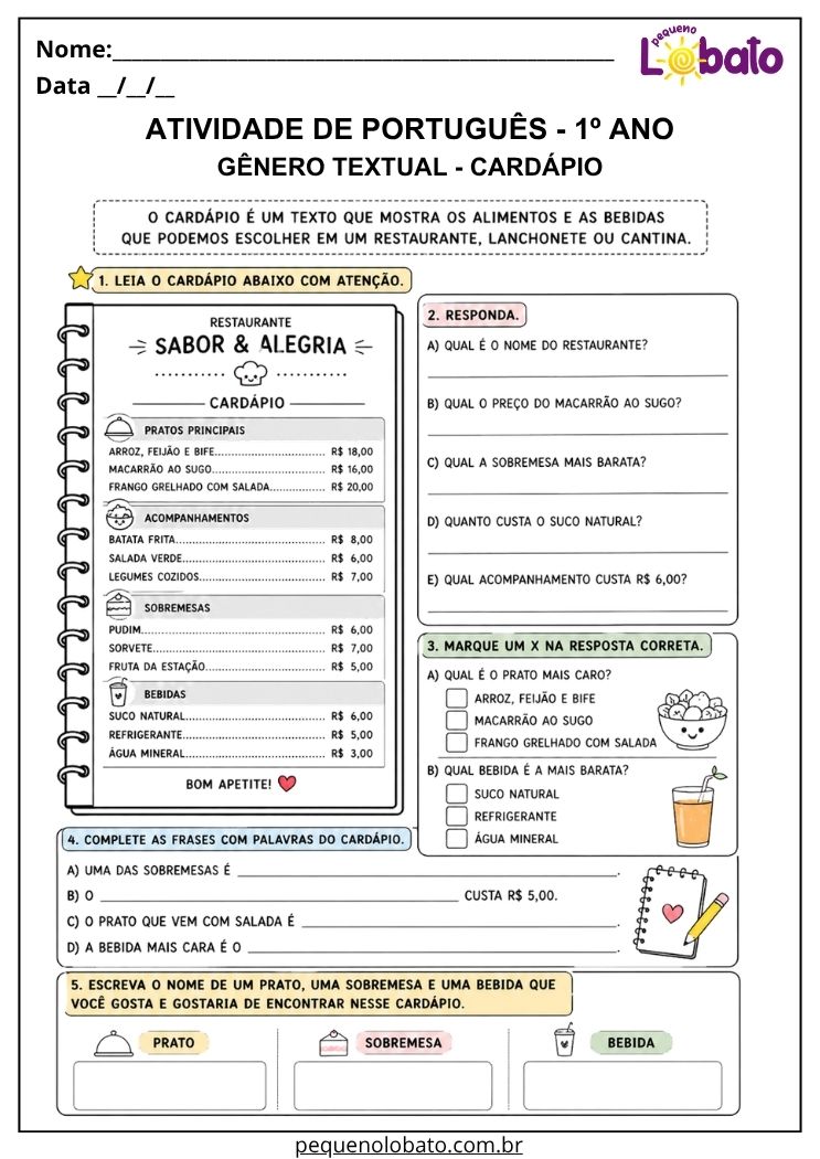 Atividade de Português 1º ano com cardápio do restaurante para completar informações, localizar preços e escrever prato, sobremesa e bebida