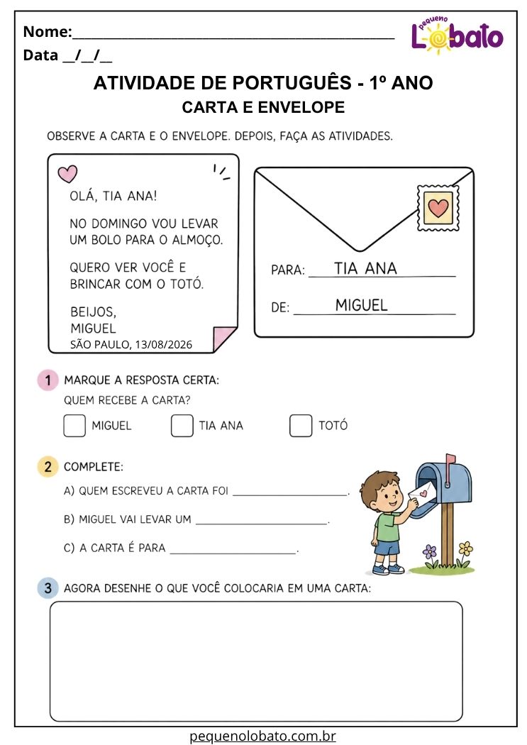 Atividade de Português 1º ano com carta e envelope para identificar remetente, destinatário e informações da correspondência