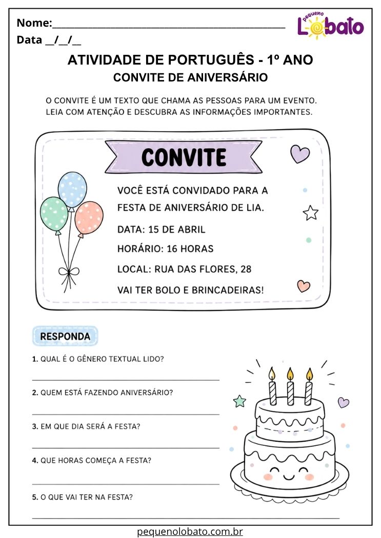 Atividade de Português 1º ano com convite de aniversário para localizar data, horário, local e informações da festa