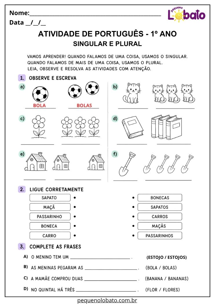 Atividade de Português 1º ano com figuras para diferenciar singular e plural, ligar palavras e completar frases