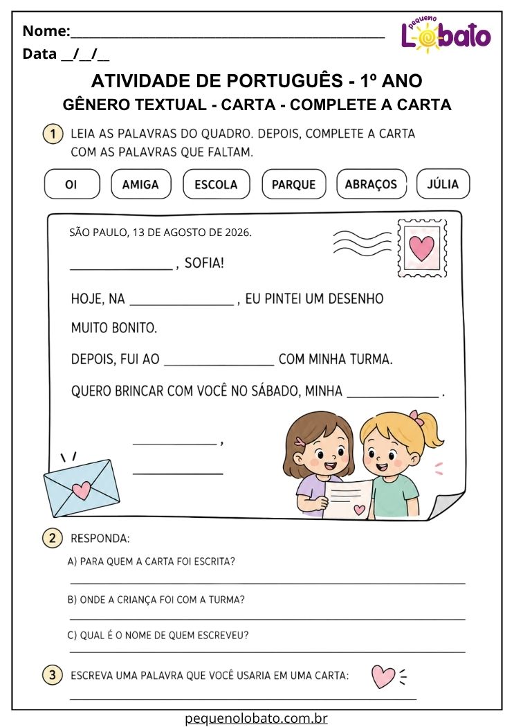 Atividade de Português 1º ano com gênero textual carta para completar a mensagem com palavras do quadro e responder questões
