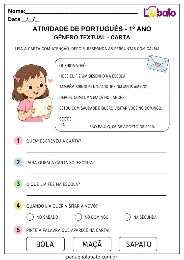 Atividade de Português 1º ano com gênero textual carta para ler mensagem, localizar informações e interpretar perguntas