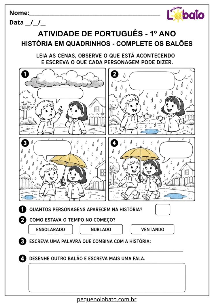 Atividade de Português 1º ano com história em quadrinhos para completar balões de fala, interpretar cenas de chuva e criar novo diálogo
