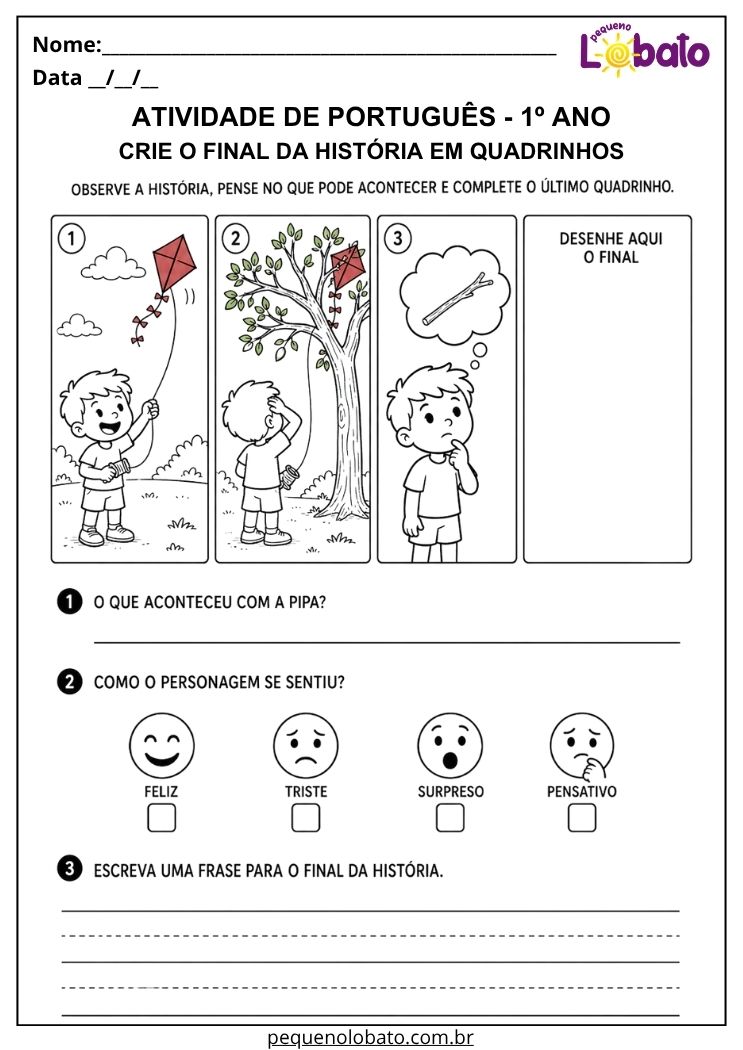 Atividade de Português 1º ano com história em quadrinhos para criar o final da história, identificar emoção e escrever uma frase