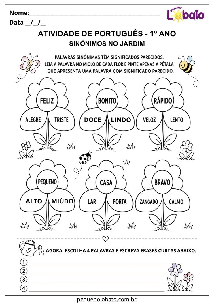 Atividade de Português 1º ano com jardim dos sinônimos para identificar palavras de sentido parecido e escrever frases curtas