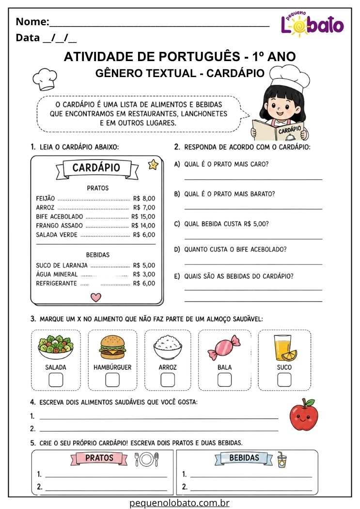 Atividade de Português 1º ano com leitura de cardápio e preços para identificar prato mais caro, bebida mais barata e alimentos saudáveis