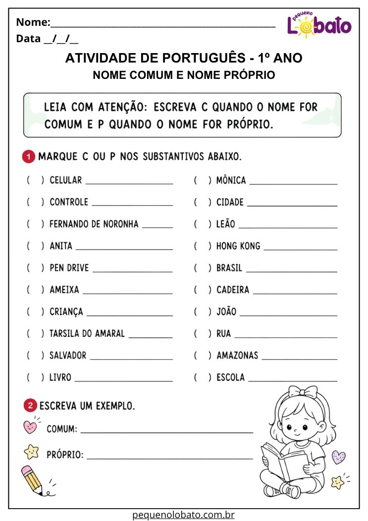 Atividade de Português 1º ano com nome próprio e nome comum para classificar pessoas, lugares, objetos e animais