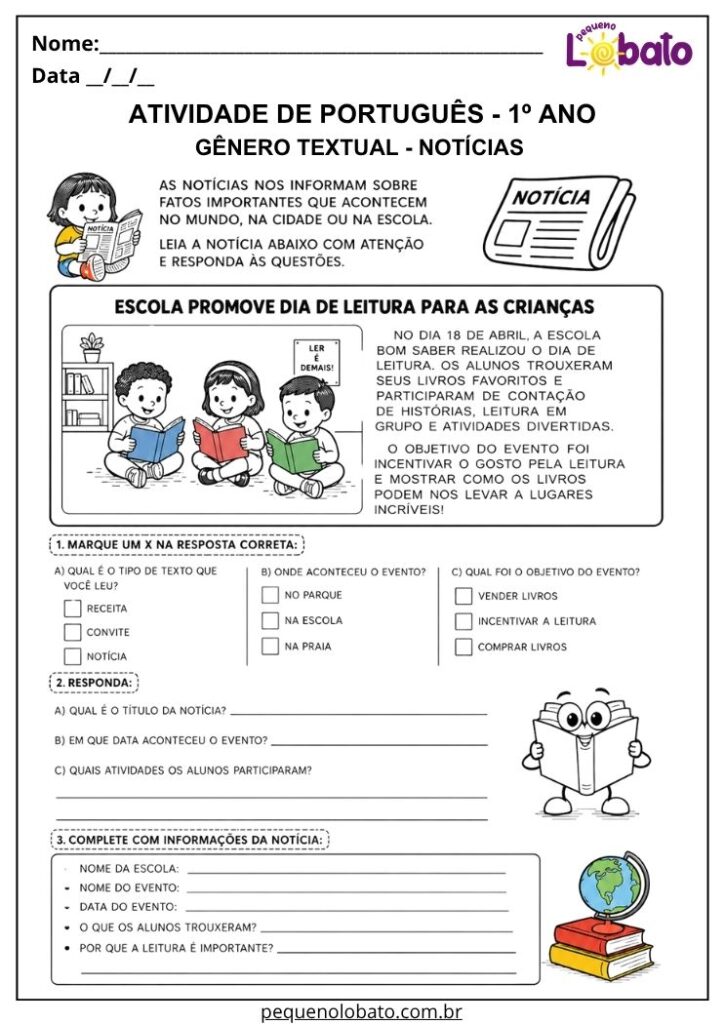 Atividade de Português 1º ano com notícia sobre dia da leitura na escola para localizar informações e completar dados do texto