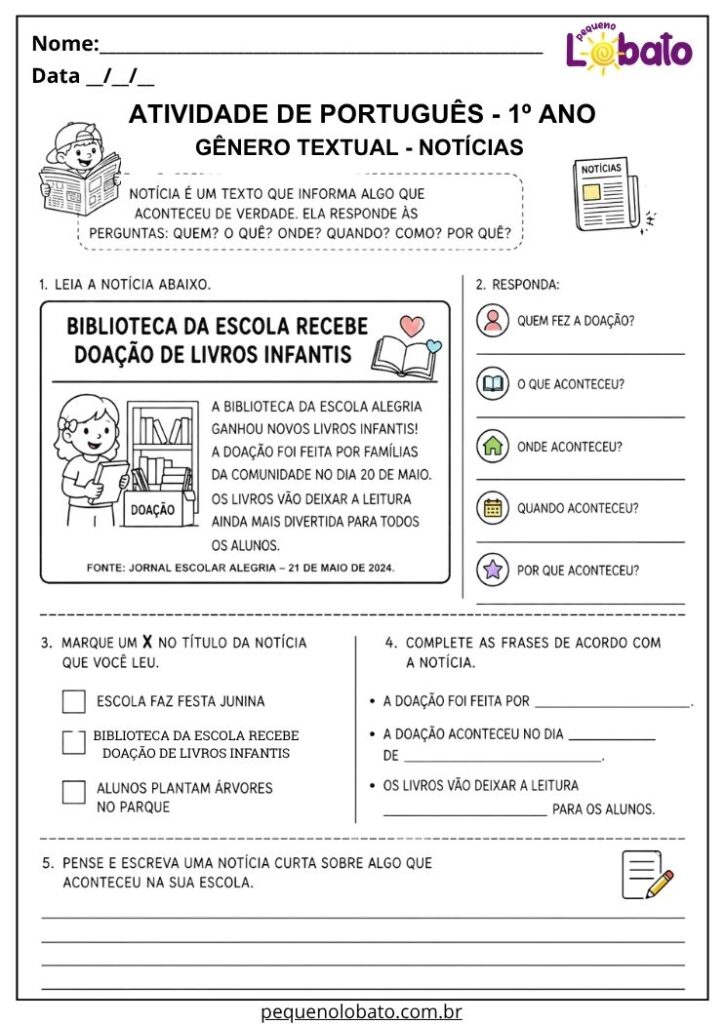 Atividade de Português 1º ano com notícia sobre doação de livros infantis para identificar quem, o que, onde, quando e por quê