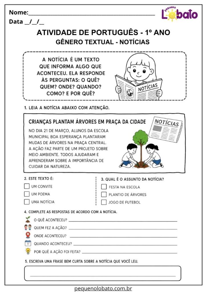 Atividade de Português 1º ano com notícia sobre plantio de árvores na praça para reconhecer o gênero textual e responder perguntas de compreensão