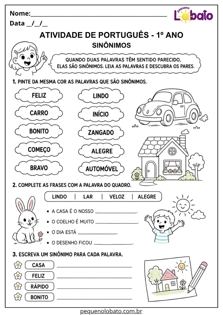 Atividade de Português 1º ano com pintura de sinônimos para formar pares, completar frases e escrever palavras semelhantes