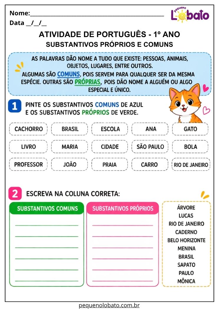 Atividade de Português 1º ano com pintura para diferenciar substantivos próprios e comuns e separar palavras nas categorias corretas