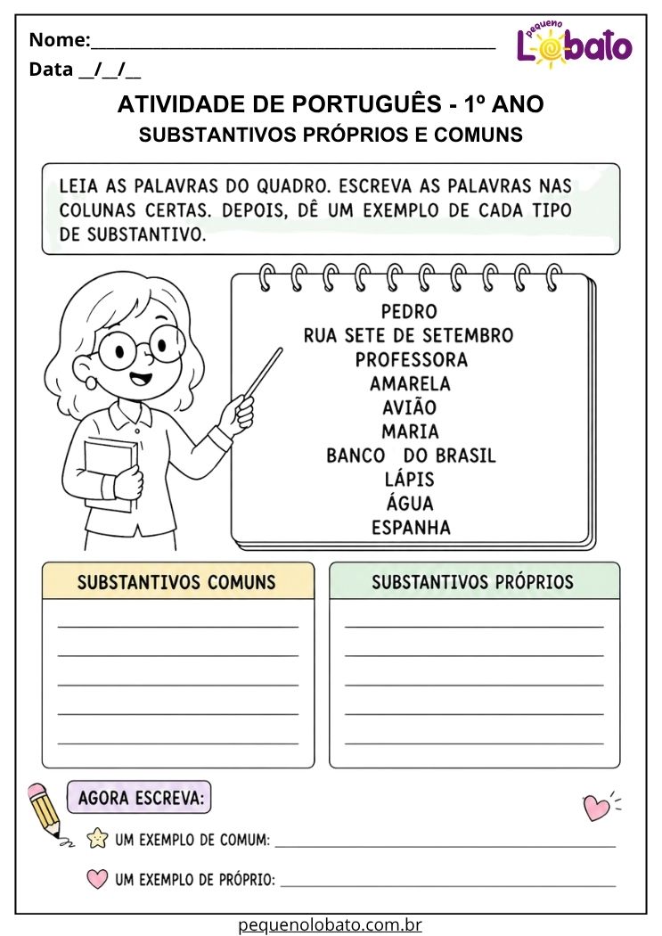 Atividade de Português 1º ano com professora e quadro de palavras para identificar substantivos próprios e comuns e escrever exemplos