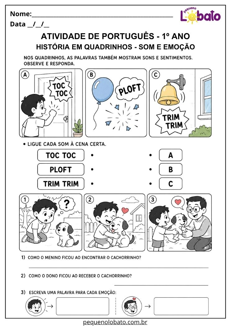 Atividade de Português 1º ano com quadrinhos, onomatopeias e emoções para ligar sons às cenas e interpretar sentimentos