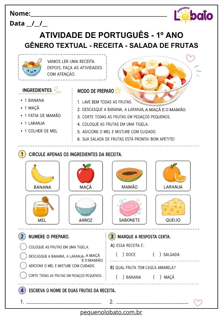 Atividade de Português 1º ano com receita de salada de frutas para identificar ingredientes e ordenar o modo de preparo